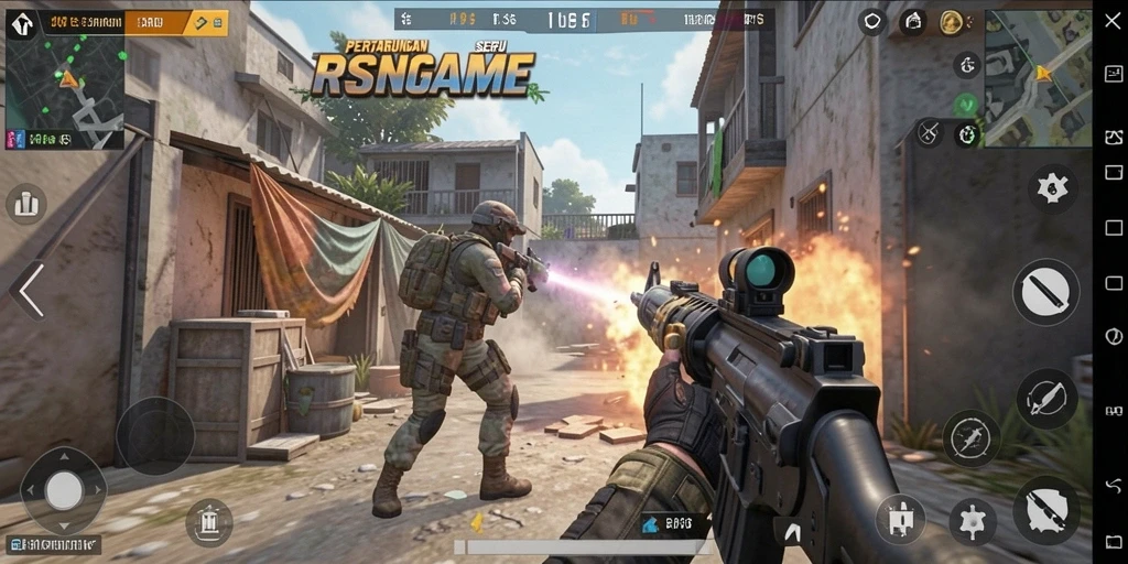 Tampilan gameplay RSNGAME dengan pertarungan FPS yang mengesankan.